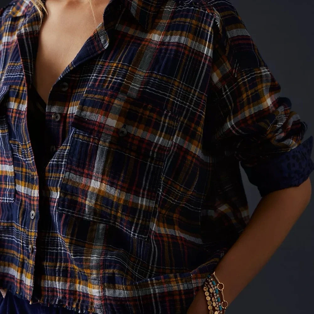 Anthropologie Pilcro Cropped Plaid Button-Down Shirt Top Blue Small Oversized - Picture 5 of 16